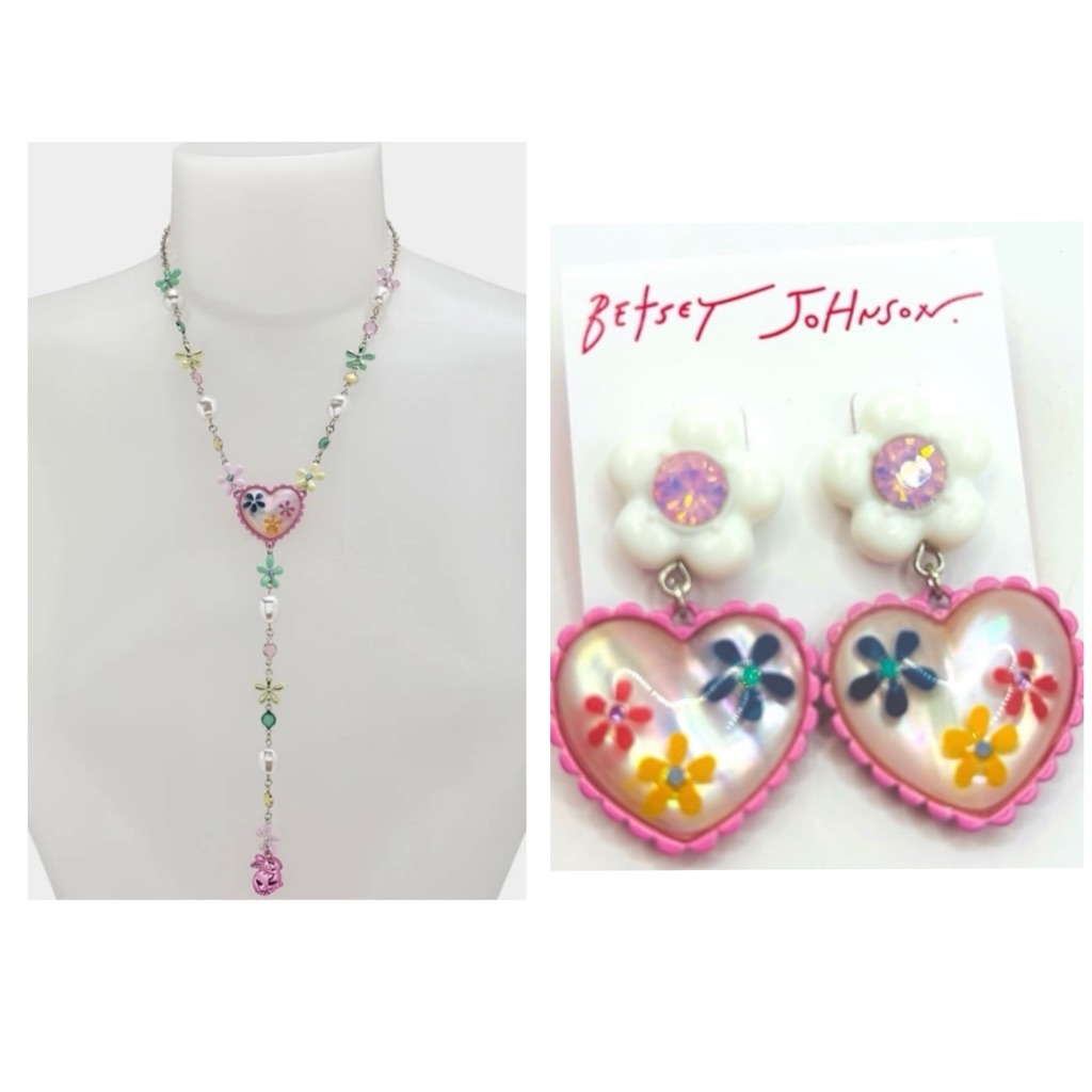 Betsey Johnson Easter Hop To It 1960s Retro Print Heart Y Necklace Earrings Nwt